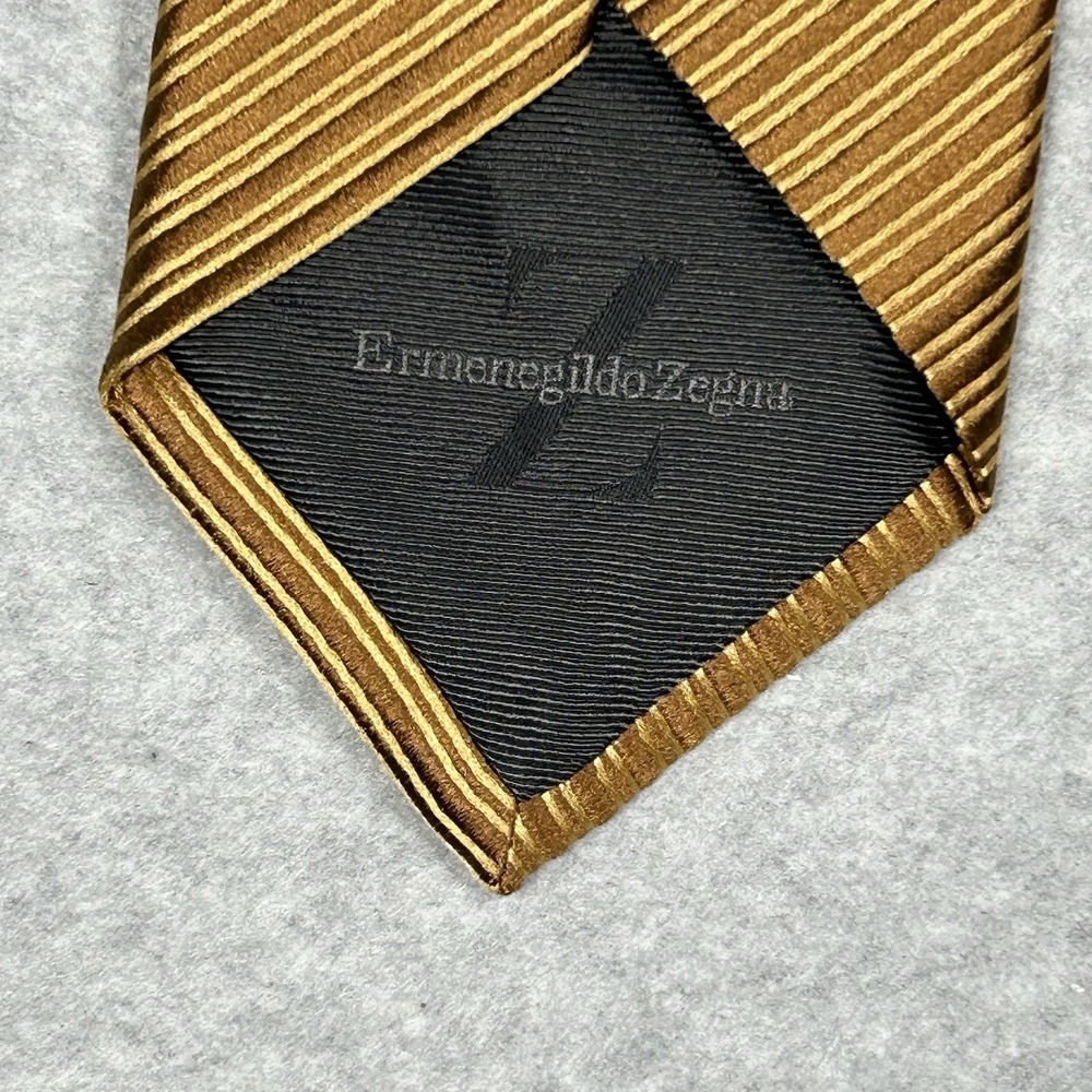 Ermenegildo Zegna Recent Silk Satin Tie Golden Bronze Striped 59.5" L x 3.5" W‎ - Picture 4 of 6
